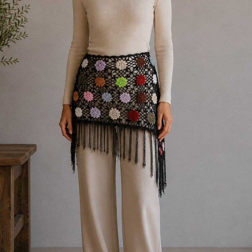 Unbranded Crochet Knit Floral Fringe Whimsigoth Fairycore Skirt overlay OS